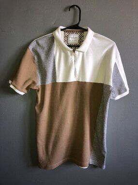 Men's Color Block Polo Shirt W Zipper Brown White Gray Denim & Flower Size S
